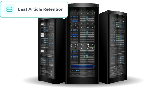 A stack of modern servers with a pop-up that says “Best Article Retention” to show that Newsgroup Ninja’s servers store more posts from the daily Usenet feed than other providers.