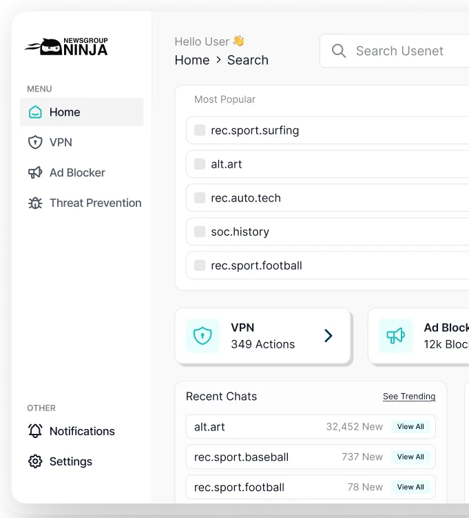 A device shows a Usenet newsreader accessing Usenet with Newsgroup Ninja.