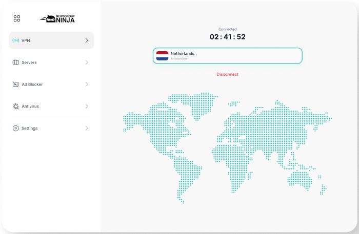 VPN dashboard showing a protected connection and server location.