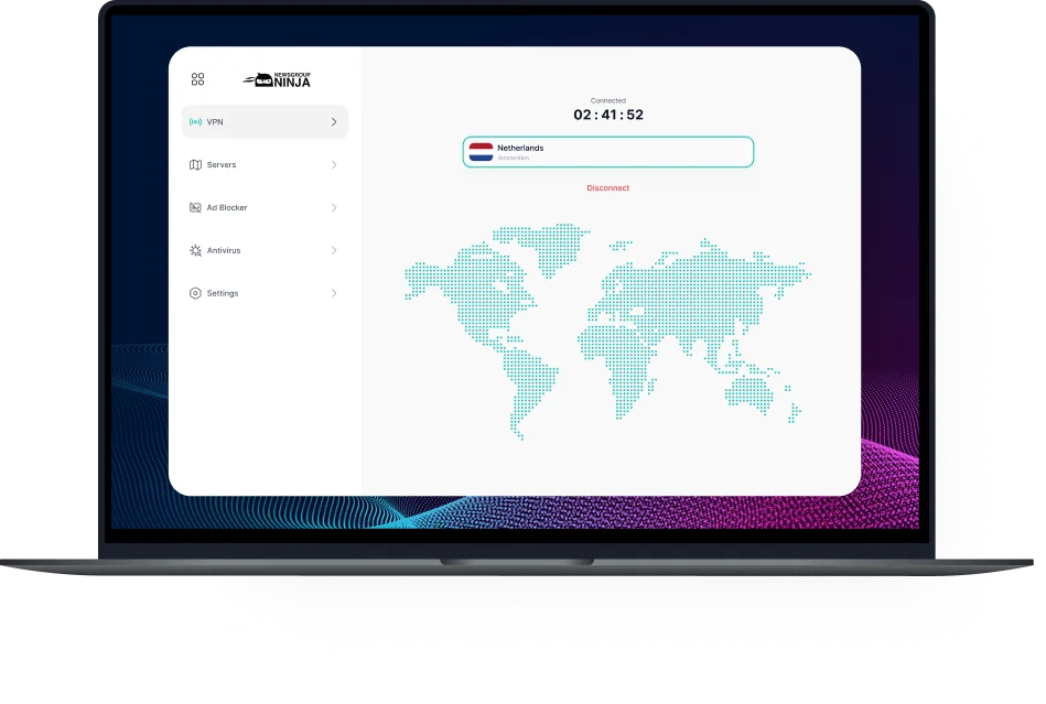 A laptop shows the Newsgroup Ninja VPN connected to a secure server in the Netherlands while accessing Usenet, offering privacy and fast speeds.
